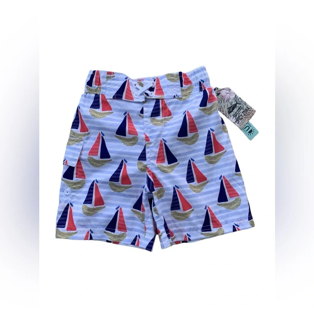 Spicy Tuna NWT Size 2T Blue Sailboat Print UPF 50 Swim Trunks